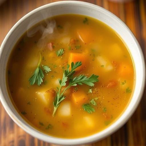 A bowl of steaming mielie soup, garnished with fresh herbs