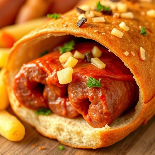 A close-up of a Boerewors roll, showcasing the sausage, toppings, and bread.