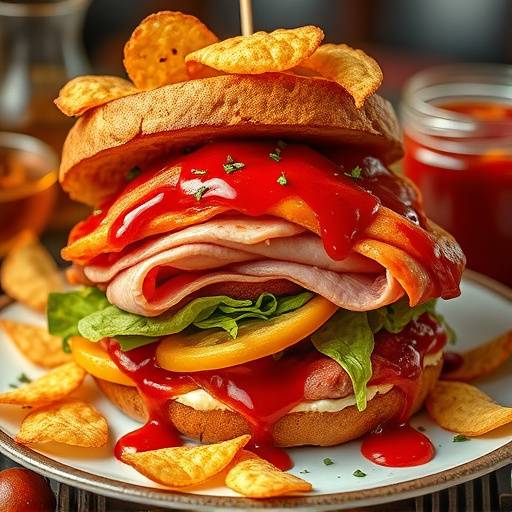 A close-up of a Gatsby sandwich overflowing with chips, polony, and sauces