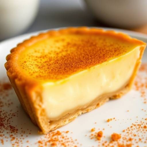 A close-up of a golden brown Milk Tart, a creamy custard tart with a dusting of cinnamon
