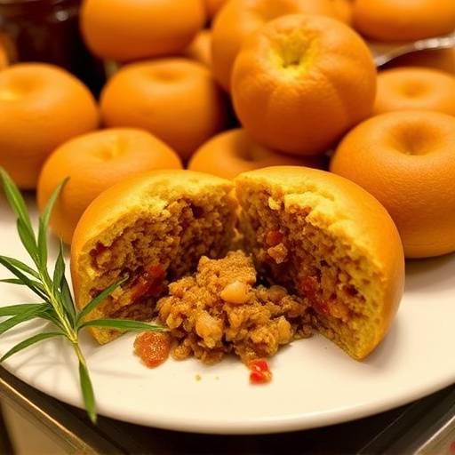 A display of golden-brown Vetkoek, some filled with savory mince and others with jam.