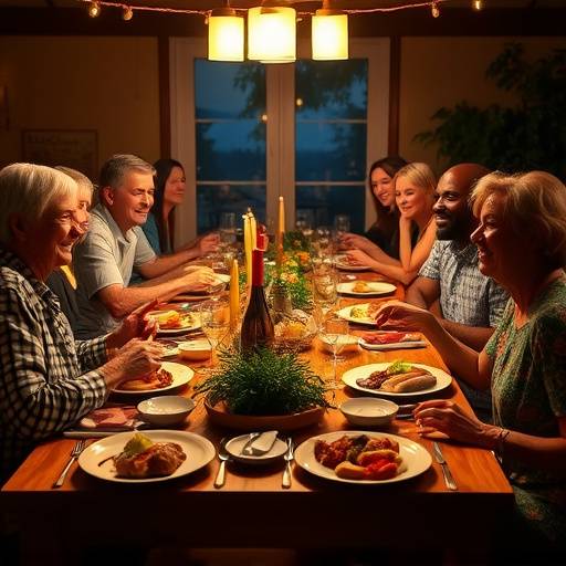 A family gathered around a table enjoying a hearty South African dinner.