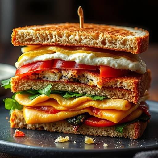 A fully loaded Gatsby sandwich, cut in half to reveal the layers of fillings.