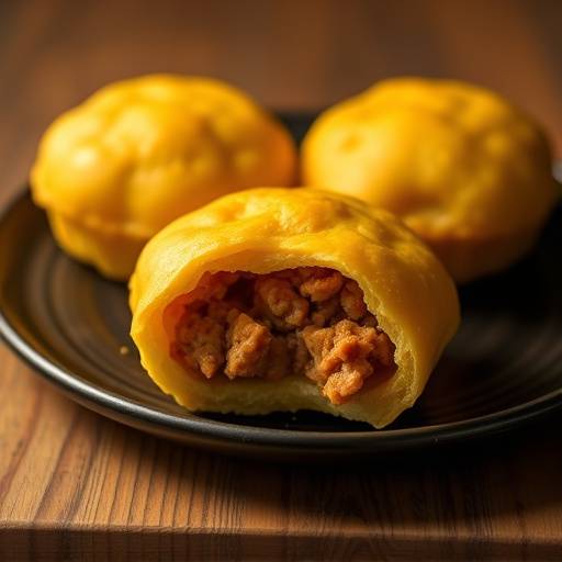 A golden-brown vetkoek filled with curried mince, ready to be served