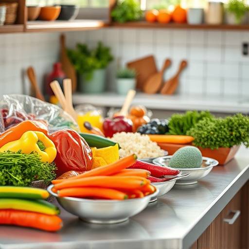 A selection of colorful, quick and easy meal ingredients on a kitchen counter.