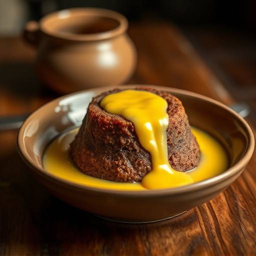 A slice of Malva Pudding with custard sauce drizzled over it, served in a bowl