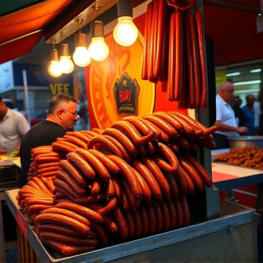 A vibrant street food stall in South Africa, showcasing Boerewors rolls and other snacks.