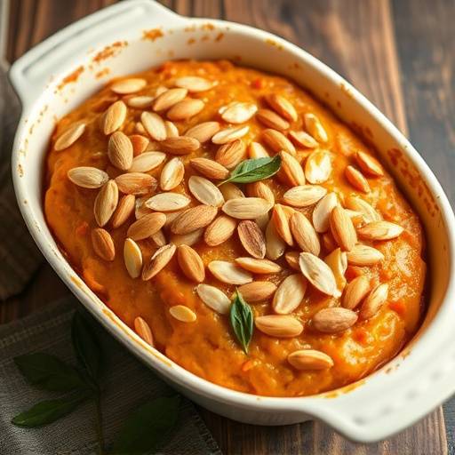 Bobotie served in a baking dish, sprinkled with almonds and bay leaves
