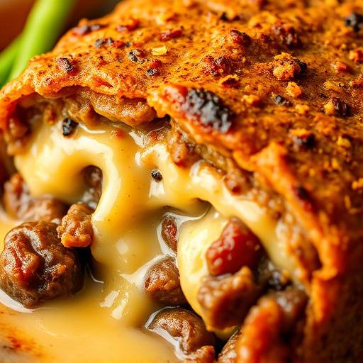 Close-up shot of Bobotie, a traditional South African dish with spiced minced meat topped with a creamy egg custard.