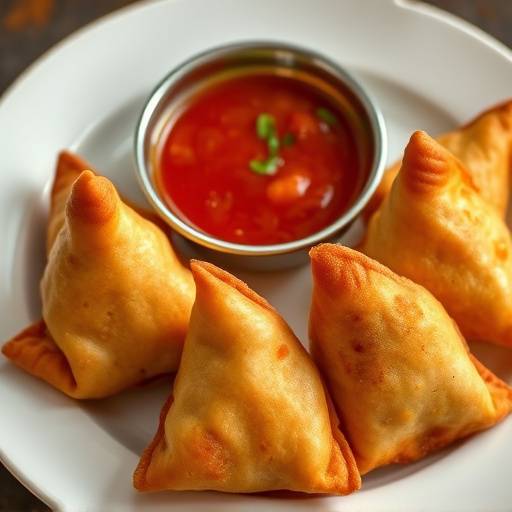 Crispy golden samosas arranged on a plate with a bowl of dipping sauce