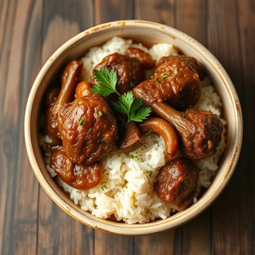 Lamb Bredie served in a bowl with a side of rice