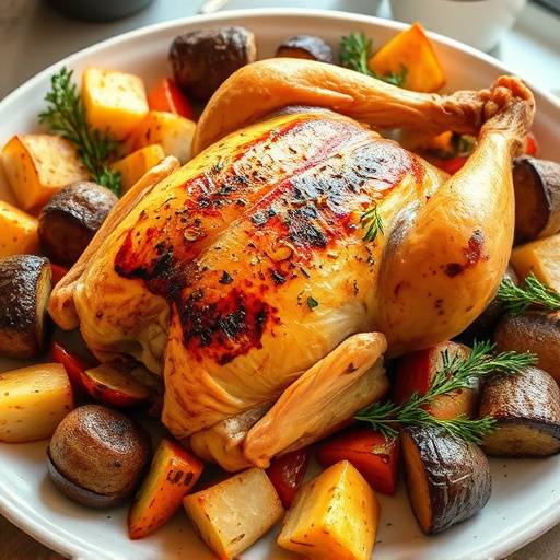 Roast chicken on a platter with roasted vegetables